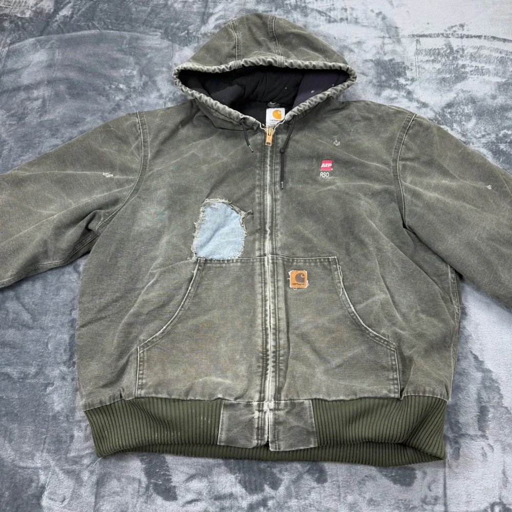 VTG Carhartt J130 MOS Fade Distressed Moss Green Jacket Mens XL Quilt Lined Hood